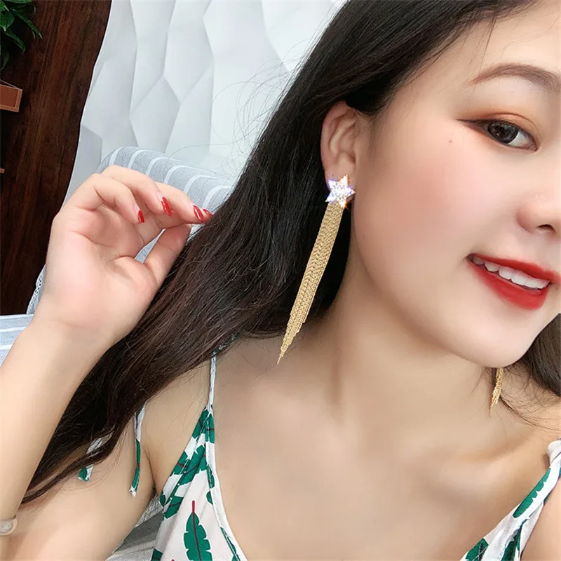FYUAN роскошные длинные кисточки Стразы Висячие серьги для женщин Bijoux Золотая Звезда серебряного цвета Кристалл Висячие Серьги Ювелирные изделия Подарки