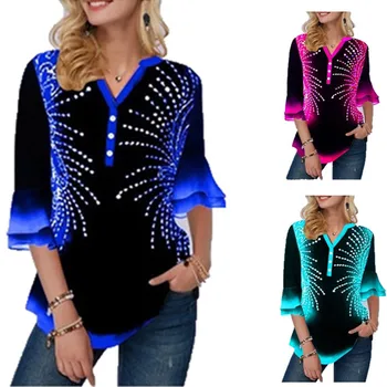 

Madam clothing OWLPRINCESS Women's New Printed V-neck Bell Sleeve Shirt for Spring 2020