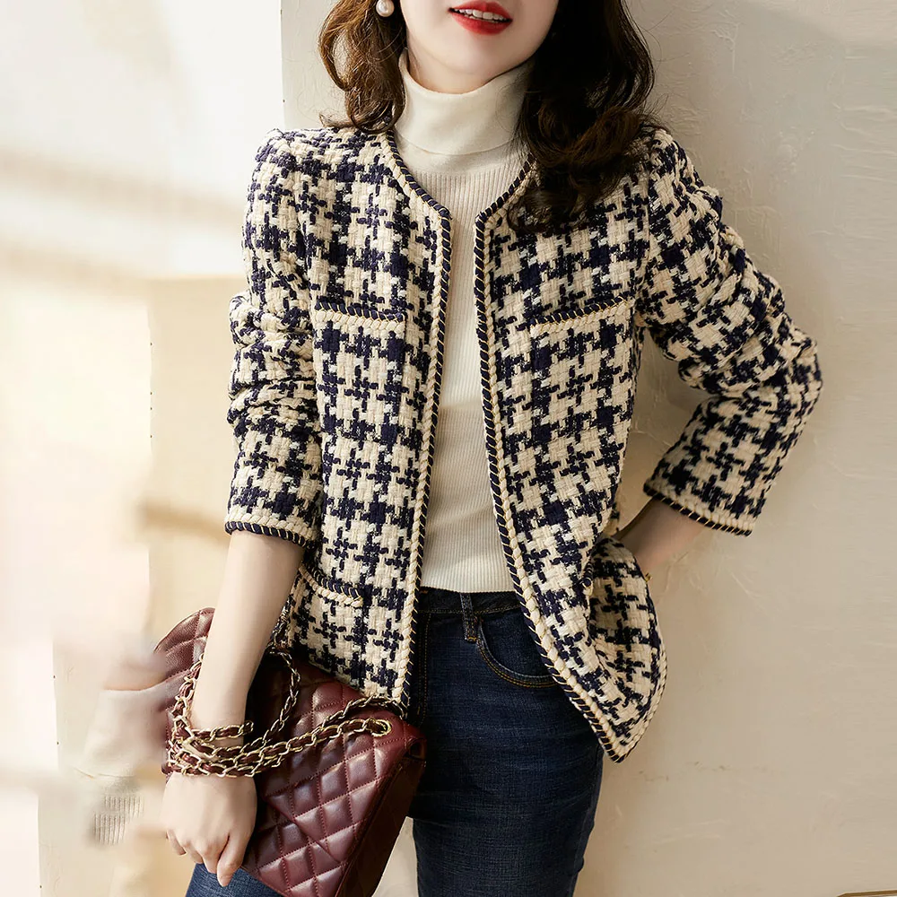 

2020 Chic Korea Jackets Elegant Retro Round Neck Plaid Single-breasted Coat Loose Pockets Long Sleeve Tweed Short Jacket Women