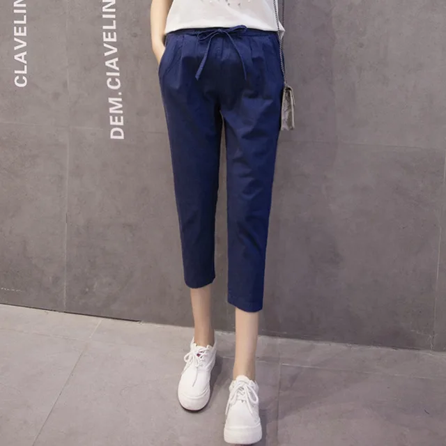 Pantalones mujer, женские штаны-шаровары размера плюс 3XL, Капри, летние хлопковые льняные штаны, брюки с эластичной резинкой на талии, pantalon femme - Цвет: Синий