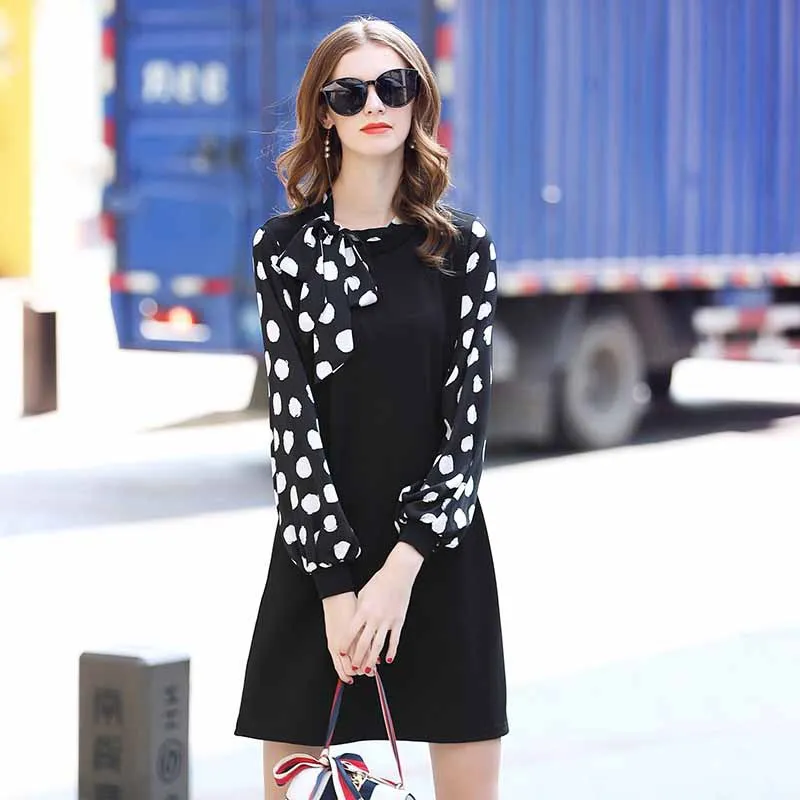 

Ozhouzhan 2019 Early Spring WOMEN'S Dress New Style Fashion Elegant Joint Polka Dot Bow Collar Dress Women's