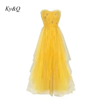 

Brand Design 2020 Runway New Dress Women Luxury Yellow Strapless Long Dress Diamonds Beading Night Dress Sexy Party Clothes