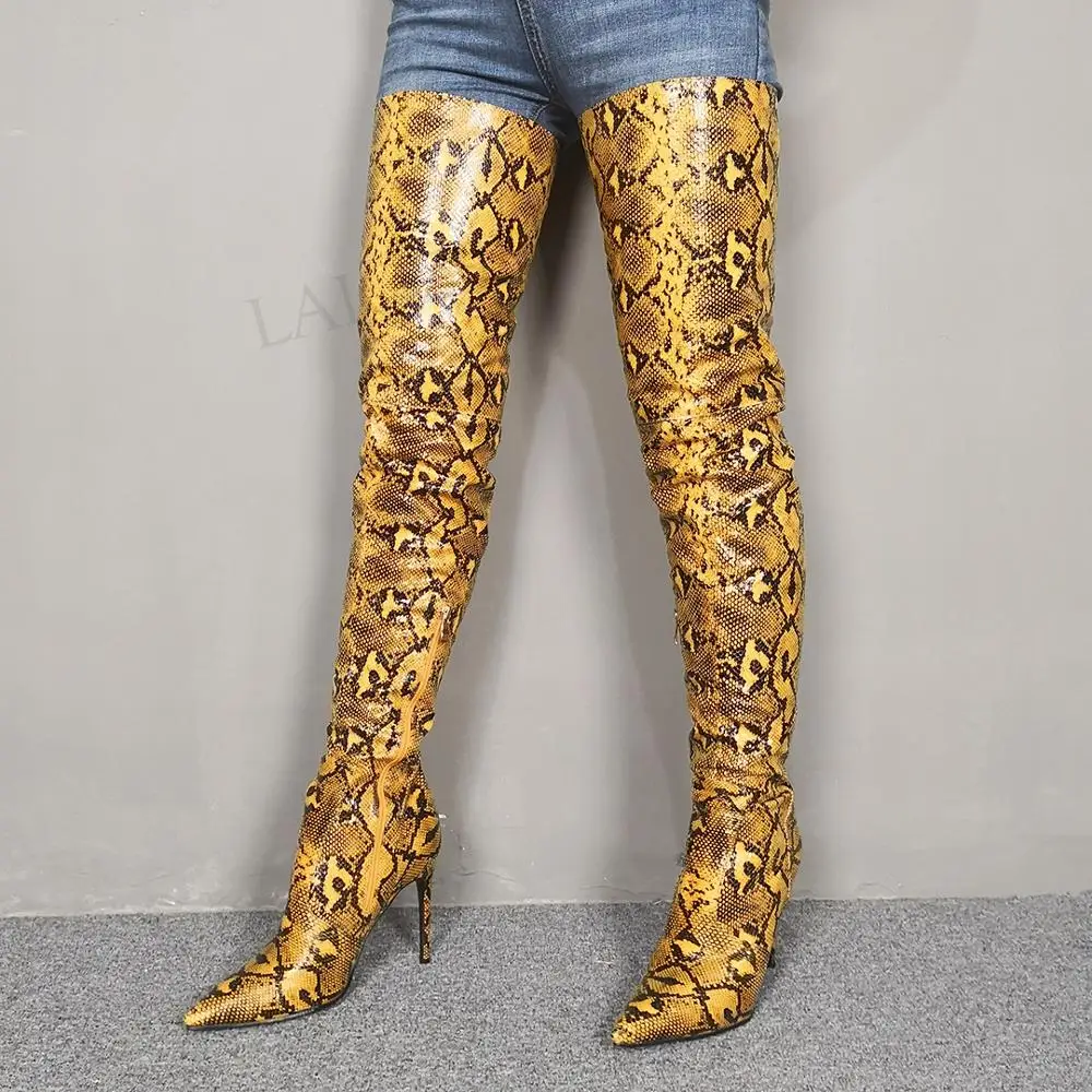 

SEIIHEM Women Thigh High Boots Snake Print Over Knee High Boots Ladies Party Shoes Woman Dicke Stiefe Large Size 43 44 45 46 47