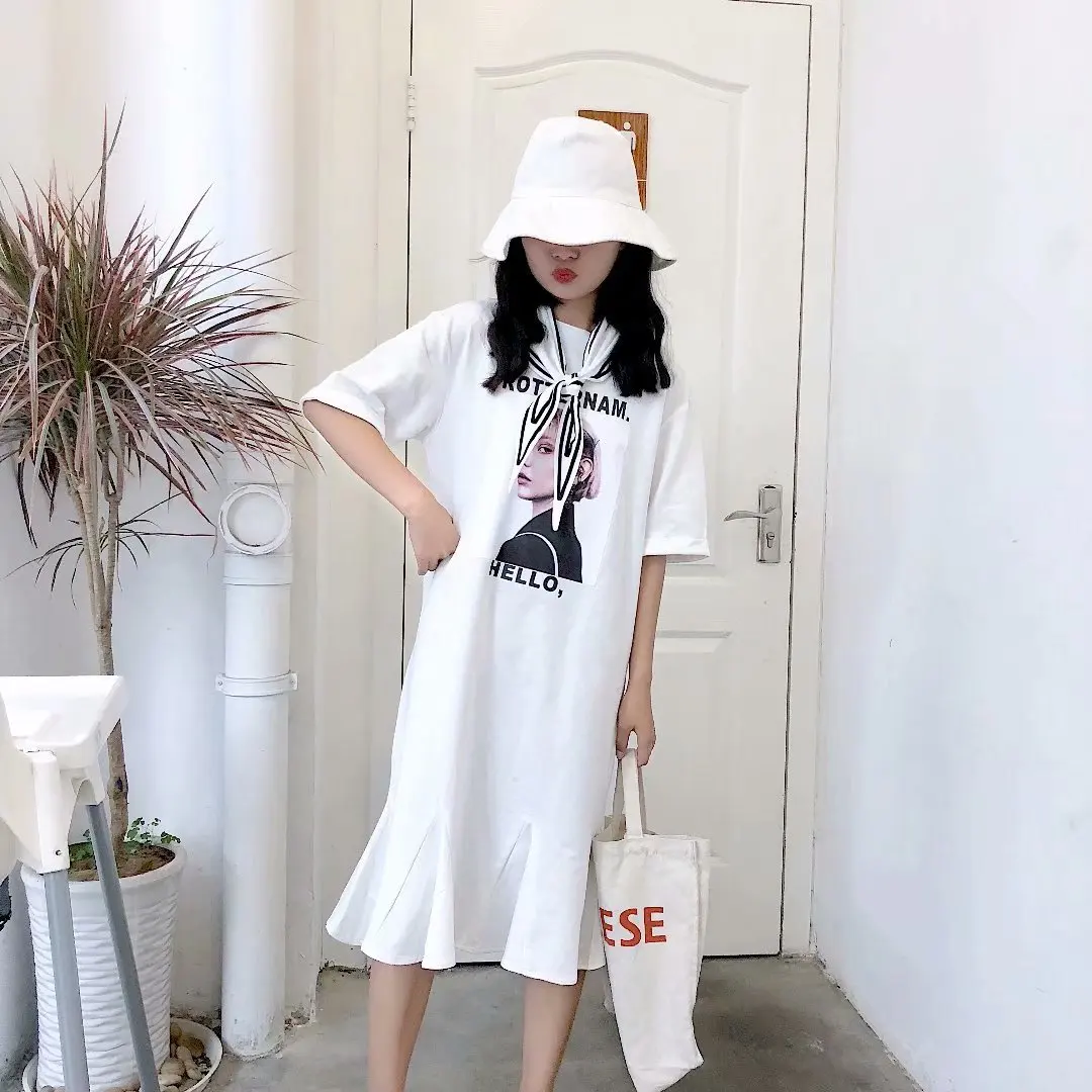 

Korean-Style College Style Ulzzang Mid-length Skirt Fishtail Skirt Printed Loose-Fit Slimming Dress Women's J8404