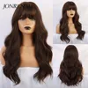 JONRENAU Long Brown Color Synthetic Natural Wave Wigs with Neat Bangs for White/Black Women Party Wear 1