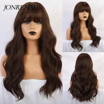 JONRENAU Long Brown Color Synthetic Natural Wave Wigs with Neat Bangs for White/Black Women Party Wear 1