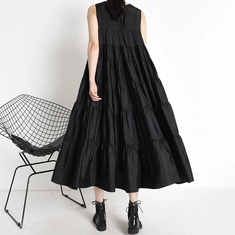 [EAM] Women Black Pleated Split Joint Long Dress