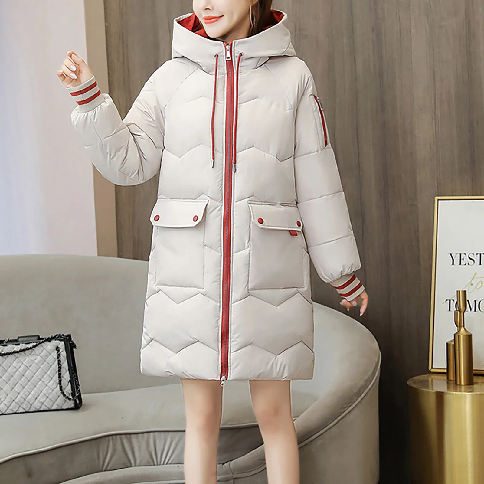 Women Korean Style Coat Slim Over-the-knee Mid-length Student Bread Coat Cotton Long Ladies Cotton Padded Jacket Collar Slim Coa 2