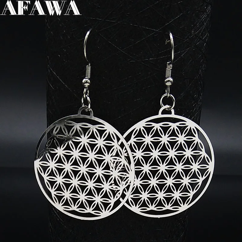 Flower of Life Stainless Steel Dangle Earrings Women Silver Color Earring Jewelry joyas de acero inoxidable para mujer E1558S02
