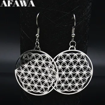 Flower of Life Stainless Steel Dangle Earrings Women Silver Color Earring Jewelry joyas de acero inoxidable para mujer E1558S02