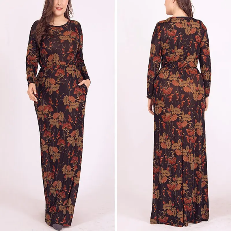 

Autumn women's large size dress 4XL 5XL 6XL 7XL 8XL round neck long sleeve retro style printing fashion dress bust 130CM