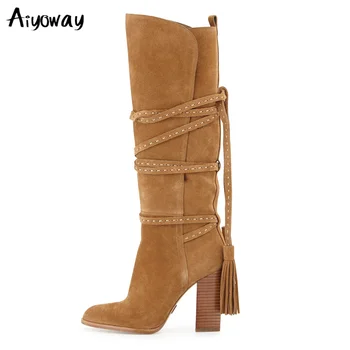 

Aiyoway New Fashion Women Faux Suede Sewing Fringe Knee High Chunky Heel Boots Strap Cross Round Toe Party Shoes