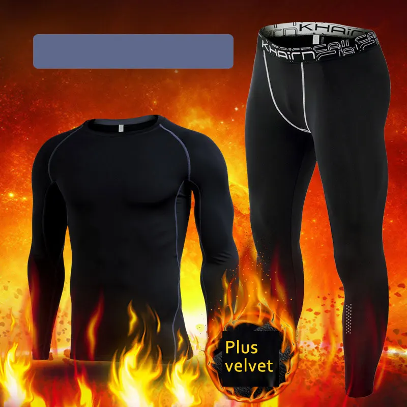 2 шт. термо рубашка+ термобрюки Slim Fit круглый вырез Мужское нижнее белье Спорт термальная футболка с длинным рукавом быстрый сухой сжатый нижнее белье