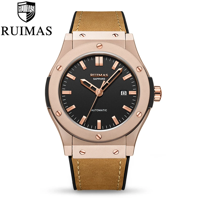 

Ruimas Mens Watches Top Brand Leather Luxury Automatic Mechanical Luxury Watch Men Sport Wristwatch Mens Reloj Hombre