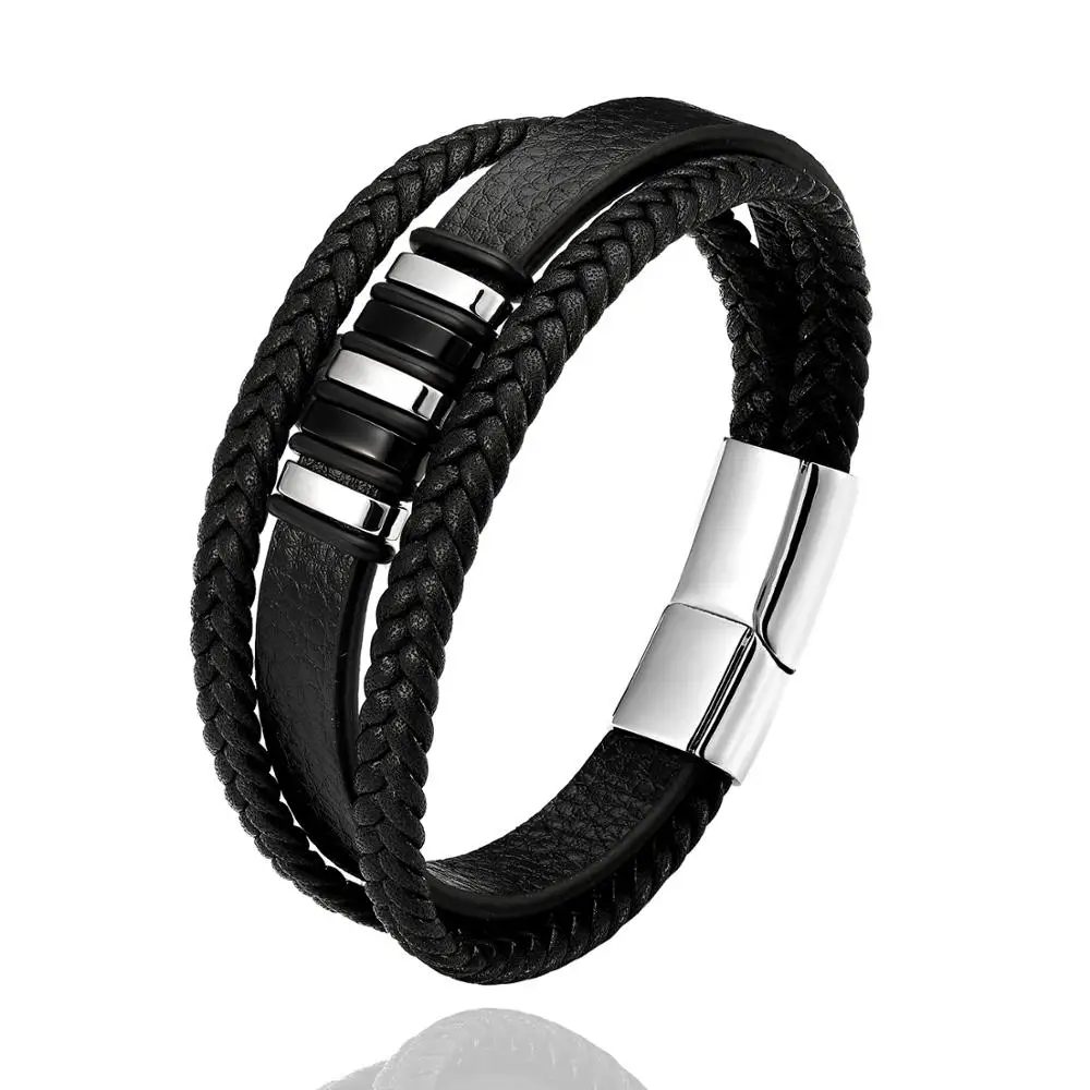 2020 Punk Bracelet Hand Weave 3 Black Leather Stainless Steel