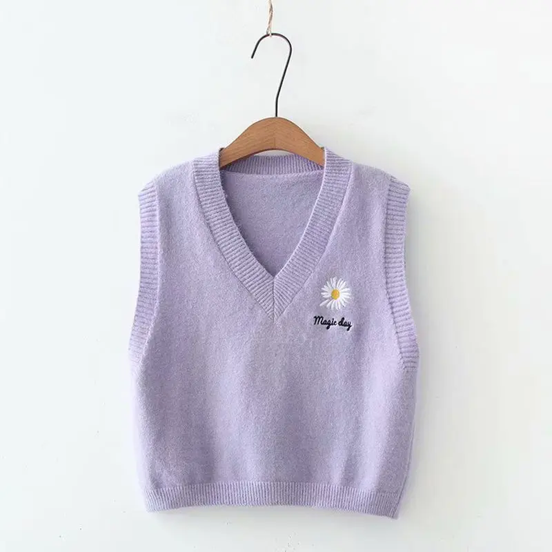 Autumn Knitted Sweater Vest Shirt Girl New Korean Style Sleeveless V-neck Flower Embroidered Loose Casual Pullovers Outwear