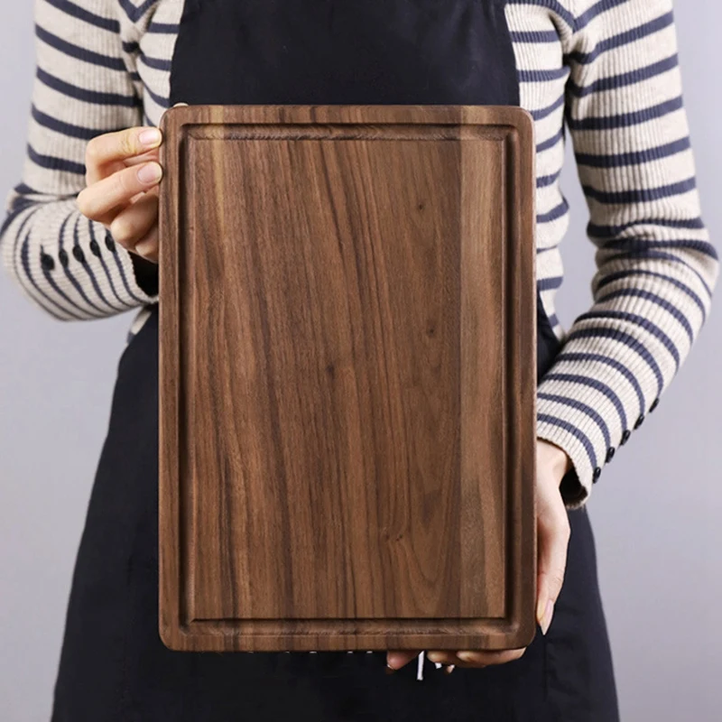 ABUI-Black Walnut Chopping Board Steak Board Solid Wood Steak Tray Preservative Kitchen Cutting Board Slotted Steak Plate Bread