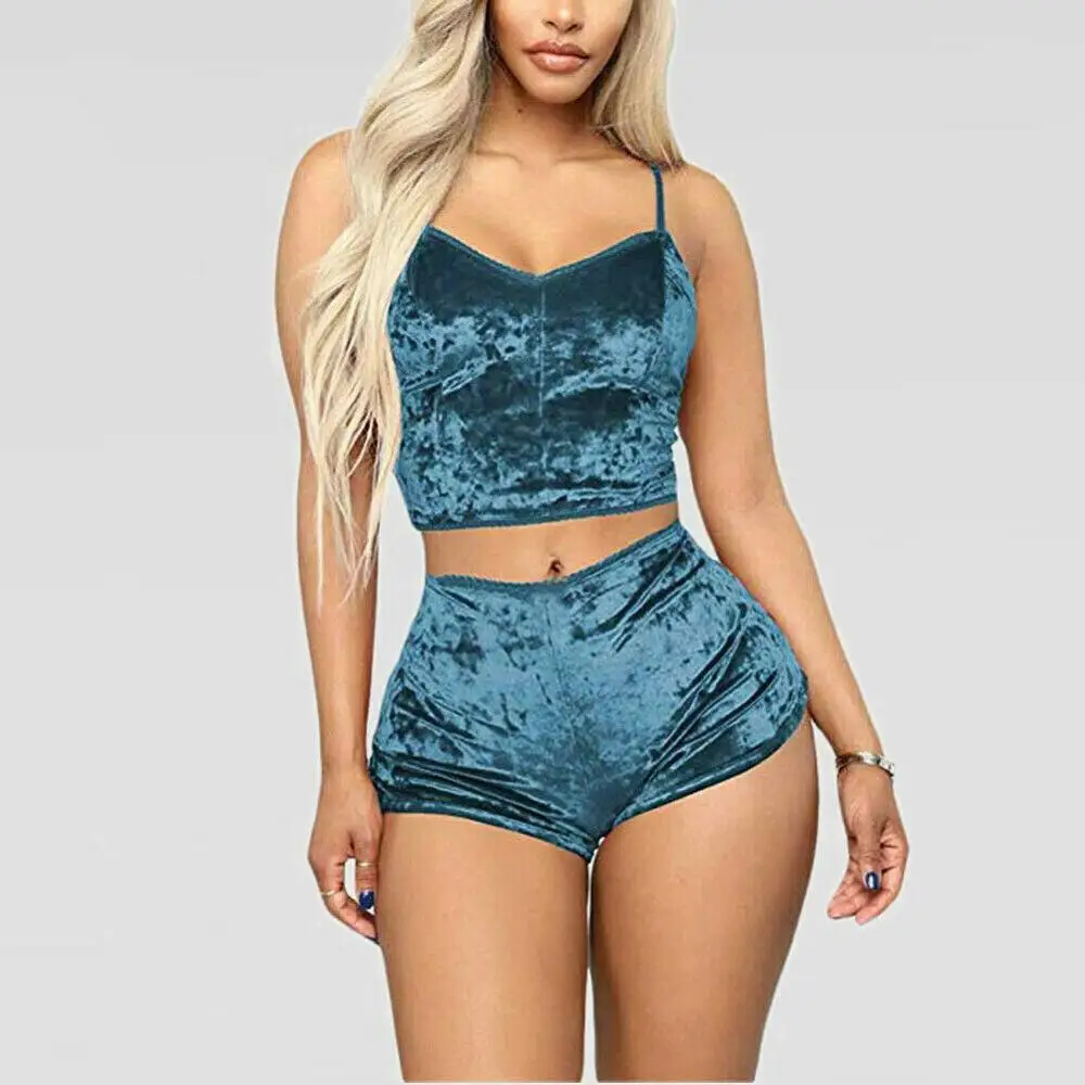 Fashion Women 2pcs Velvet Sleepwear Sexy Spaghetti Strap Velvet Shorts Pajama Set Ladies Sleepwear female Pajama Party Set - Color: Blue