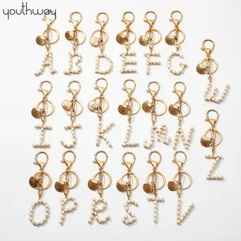

A-Z Natural freshwater pearl Initial key chain Alphabet Letter sea keyChain Metal scallop Charm Link Chain Keyring