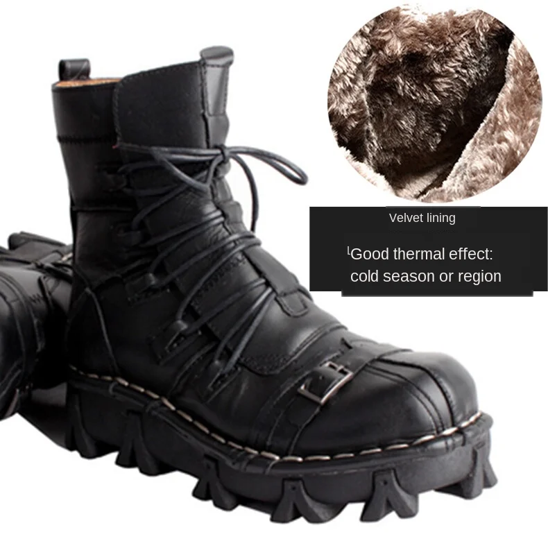thumbnail image 1 of Botas de trabajo de cuero genuino para hombre, botas de combate militares, botas de moda Punk con calavera gótica, botas de motocicleta 50 Vintage, 1 of 5