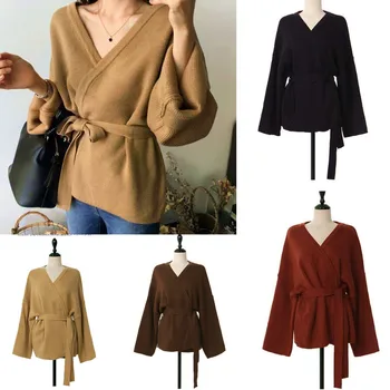 

Women's Autumn Spring V-neck Sexy Sweaters Loose Knitted Bowknot Brown Off Shoulder Ladies Sweater Cardigan