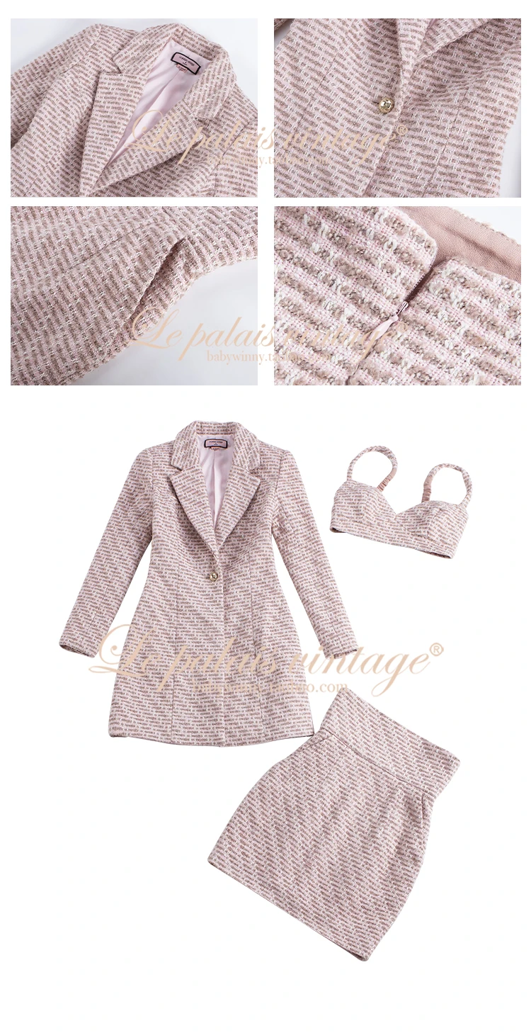 新発売の Palais-女性のヴィンテージツイード衣装,3ピース,長袖コート,セクシー,Vネック,クロップトップ,ローウエスト,春の