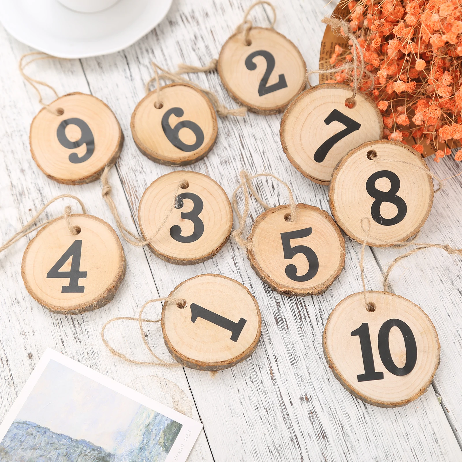 

10Pcs Wood Slices With Number And Hemp Rope Rustic Wooden Hanging Ornament Table Number Figure Card Decor Wedding Party Supplies