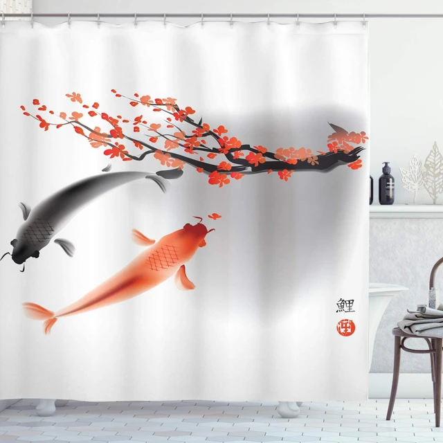 Japanese Shower Curtain Koi Carp Fish Couple Swimming with Cherry