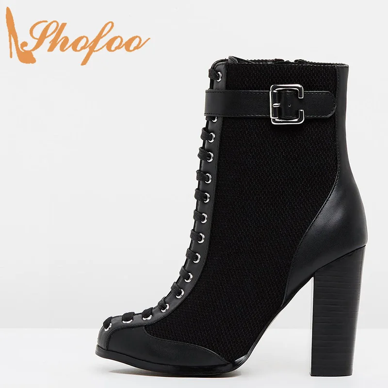 Shofoo/черные ботинки на квадратном каблуке с круглым носком на молнии; женские ботинки на шнуровке с металлическими украшениями; модная женск... Shofoo/черные ботинки на квадратном каблуке с круглым носком на молнии; женские ботинки на шнуровке с металлическими украшениями; модная женск...