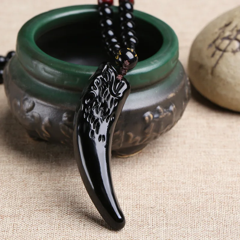 

Natural Chinese Black Hand-carved Langya Jade Pendant Fashion Jewelry Double-sided Carved Obsidian Langya Necklace for Men