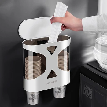 

Wall Mount Disposable Paper Cup Coffee Cup Dispenser Cup Holder Straw Holder Automatic Drop Cup Taker for Home-White