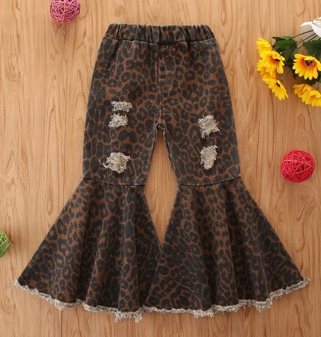 Toddler Baby Girls Flare Ripped Pants Leopard Printed Bell Bottoms Pants Infant Clothes Long Jeans Casual Children Trousers