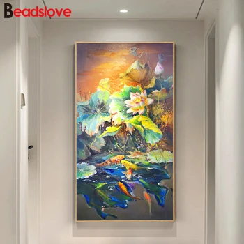 

5d diy Diamond Painting Gold Lotus Fishes diamond Embroidery full round Mosaic Diamond cross stitch large Entrance decoration