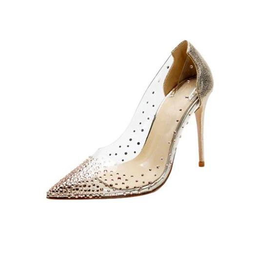 ПВХ прозрачный Золушки из серебряных алмазов на щиколотке; пикантная Прозрачная женская обувь стразы; scarpin; с украшением в виде кристаллов женские туфли-лодочки для выпускного вечера туфли на высоком каблуке с острым носком - Цвет: Gold 10cm