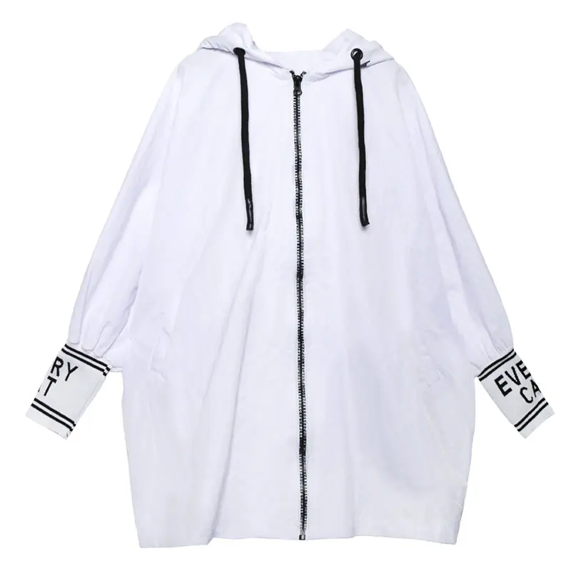 white GCC1819 XITAO лоскутное письмо печати плащ большого размера Женская одежда Мода британский стиль карман на молнии с капюшоном воротник GCC1819 - Цвет: white GCC1819