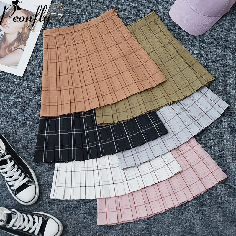 PEONFLY-Falda plisada a la moda para mujer, minifalda elegante de cintura alta a cuadros, informal, Kawaii, para verano