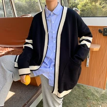 Осенний кардиган мужской модный контрастный цвет Повседневный вязаный свитер с v-образным вырезом куртка Мужской Дикий свободный свитер с длинными рукавами мужской