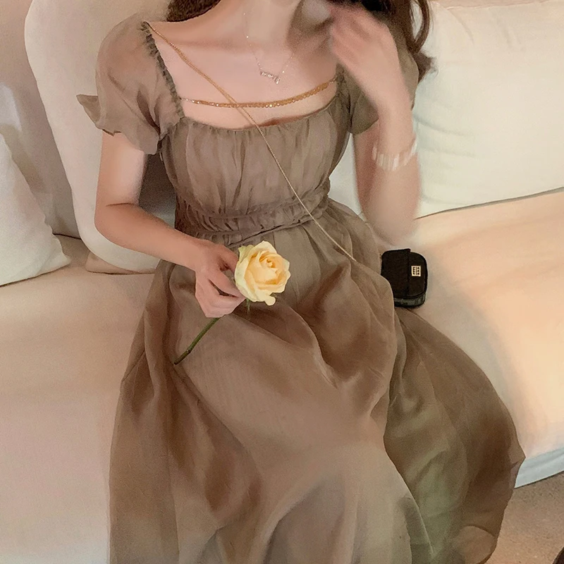 French Vintage Midi Dress Women Casual Square Collar Short Sleeve Elegant Femae 2021 Summer Party One Piece Korean | Женская одежда