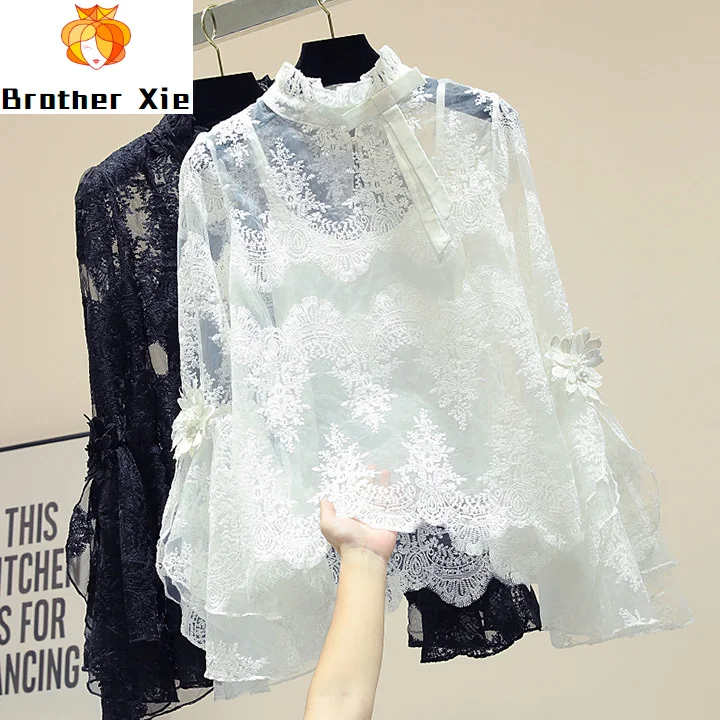 

Blouse for Women Thin Long Sleeve Lace Shirt Two-Piece Women's Spring Summer New Loose-Fit Bell Sleeve Lace-up Tops Blusas Femme