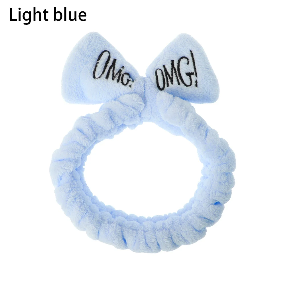 light blue 1 шт., мягкая удобная женская повязка для волос из кораллового флиса с бантиком и буквами OMG, Красивая повязка для мытья лица, для макияжа, для спа-ванны, аксессуары для волос - Цвет: light blue