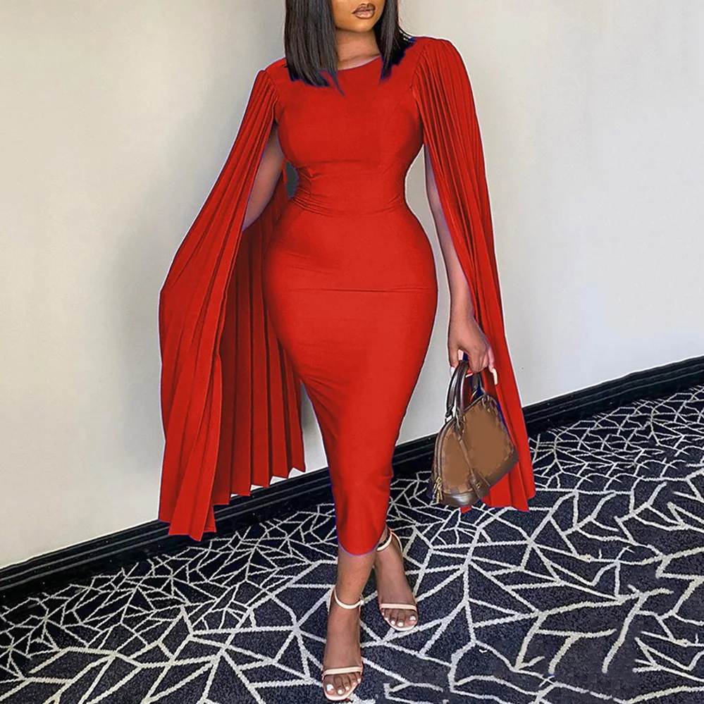 Red Dress Cloak Sleeve High Waist Bodycon Solid Mid Calf Elegant For Evening Party Dinner Wedding Robe Vestidos Dresses 2021 New 2