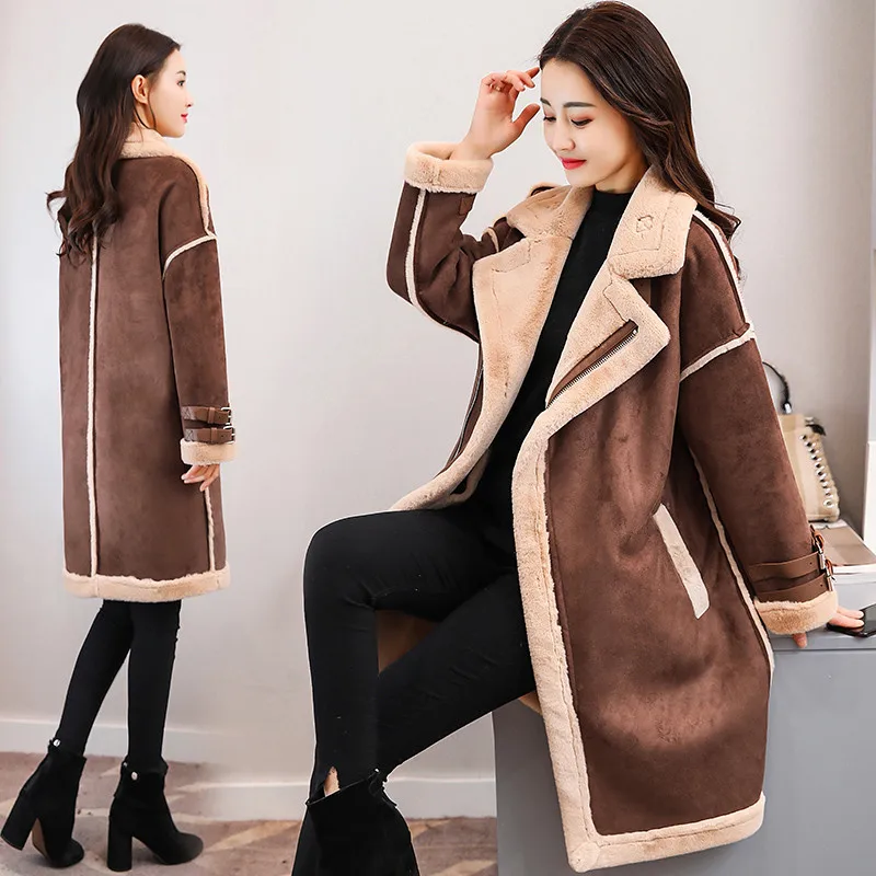 Осень Зима Женское пальто из искусственной кожи ягненка длинное толстое теплое пальто замшевые кожаные куртки женская верхняя одежда Высокое качество M305 - Цвет: Dark brown