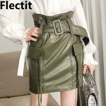 Женская мини-юбка из искусственной кожи с поясом в Военном Стиле, юбка-карго с карманом на поясе, юбки с высокой талией