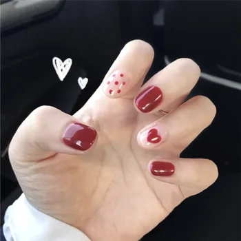 

24PCS cute wave points and a heart short nail tips Women Wearable Full Cover Finger Red Fake Nails with Glue Finished Product