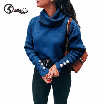 

Autumn Winter Sweater Female Knitted Solid Women Turtleneck Sweater Pullover Long Sleeves Button Casual Jumper