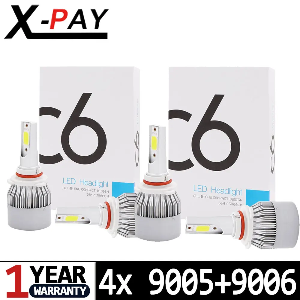 

9006 HB4 + 9005 HB3 C6 LED COB Chip All-In-One Auto Headlight Bulbs 7600 LM 72 Watt Kit 6000K Bright White Light (Low/High Beam)