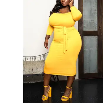 

Plus Size Dress for Women 4XL 5XL Yellow Slash Neck Sheath Sashes Daily Clothes Wholesale Lots Bulk Plain Dresses Big Size 2020