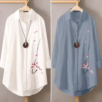 

Oversized Women Tunic Tops ZANZEA 2020 Vintage Embroidery Flowers Long Sleeve Shirt Casual Buttons Down Blouse Chemiser Mujer
