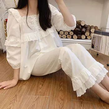 

2pcs Women's Lolita Princess Embroidered Pajama Set Sweet Ruffles + Flare Pants Sleepwear Suit Female Sleeping Night Home Wear