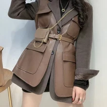 TWOTWINSTYLE Minimalist Patchwork Pockets Jacket For Women Lapel Long Sleeve Solid PU Leather Slim Autumn Jackets 2022 Clothing